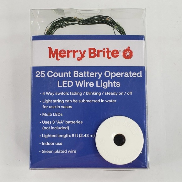 Merry Brite 25 ct LED Fairy Lights Battery Operated Multi Color Green Wire 8 ft - Picture 1 of 7